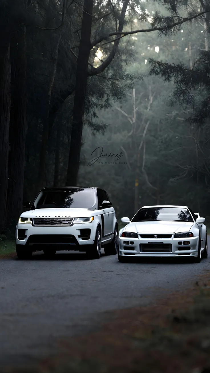 Nissan GTR and Range rover dark forest road