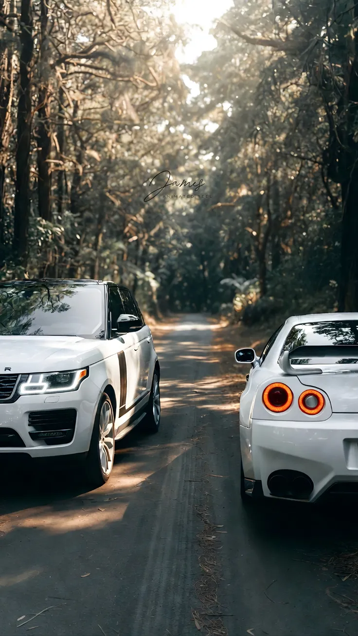 Nissan GTR and Range rover dark forest road
