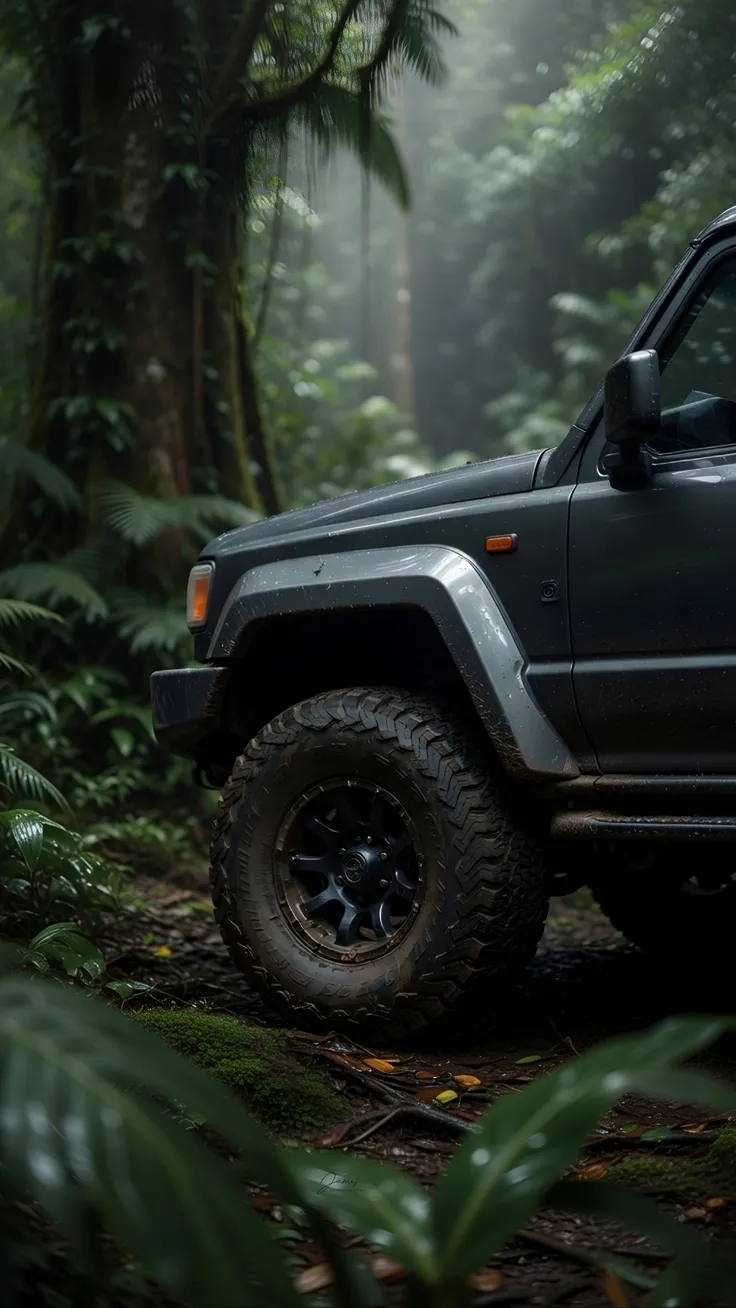 Dark forest with car wallpaper 4k