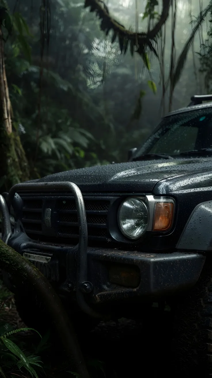 Dark forest with car wallpaper 4k