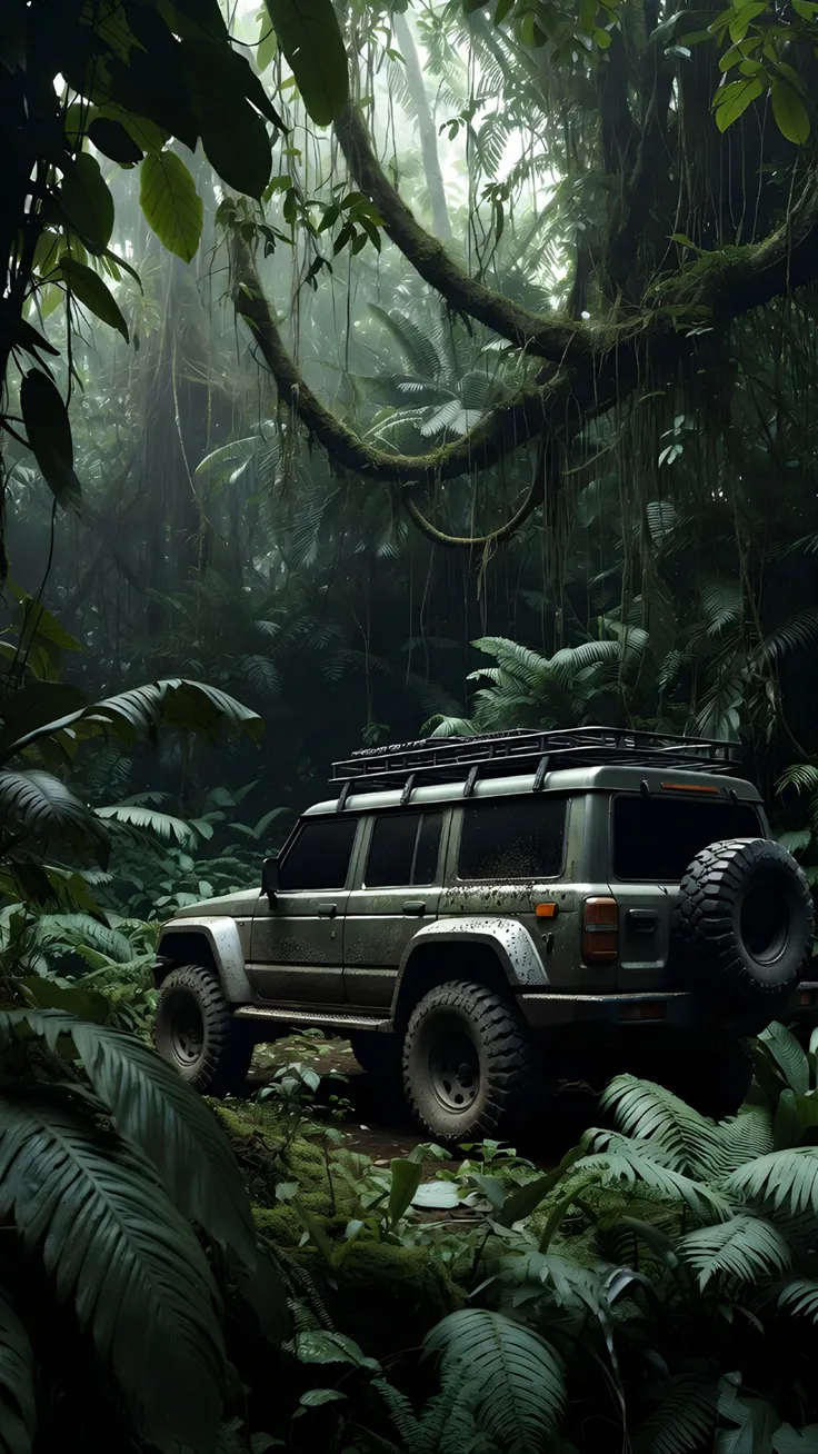 Dark forest with car wallpaper 4k