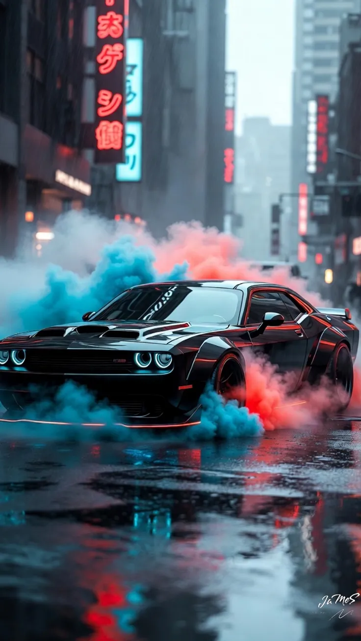 Blue and red Smoke dodge Challenger