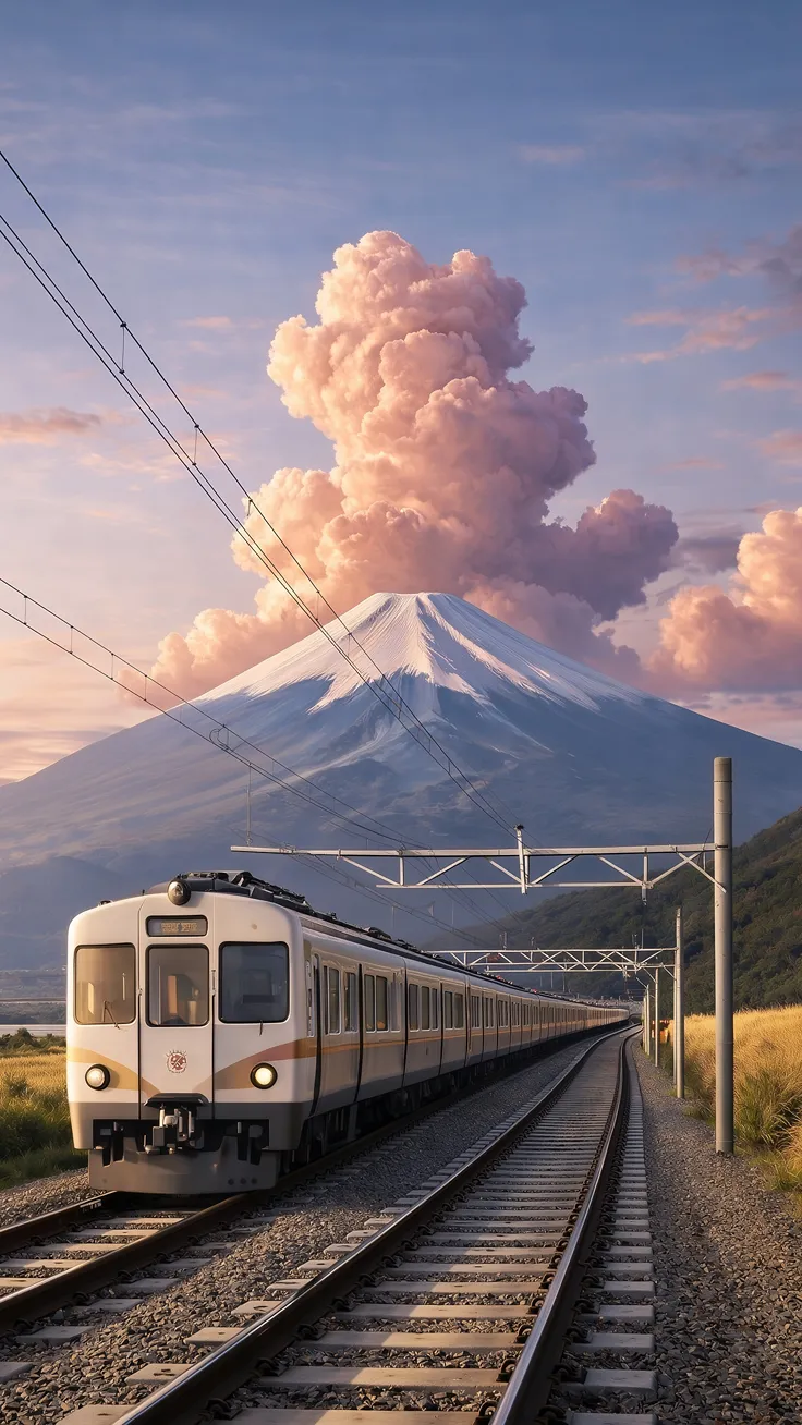 Train moving along tracks through open countryside, a large mountain rising behind it with soft clouds above, power lines crossing the sky.