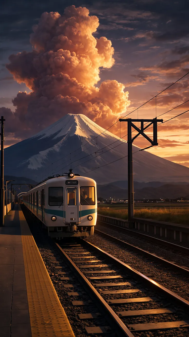 Train stopped at a quiet railway platform during sunset, warm light reflecting on the tracks, clouds glowing above a mountain in the distance.