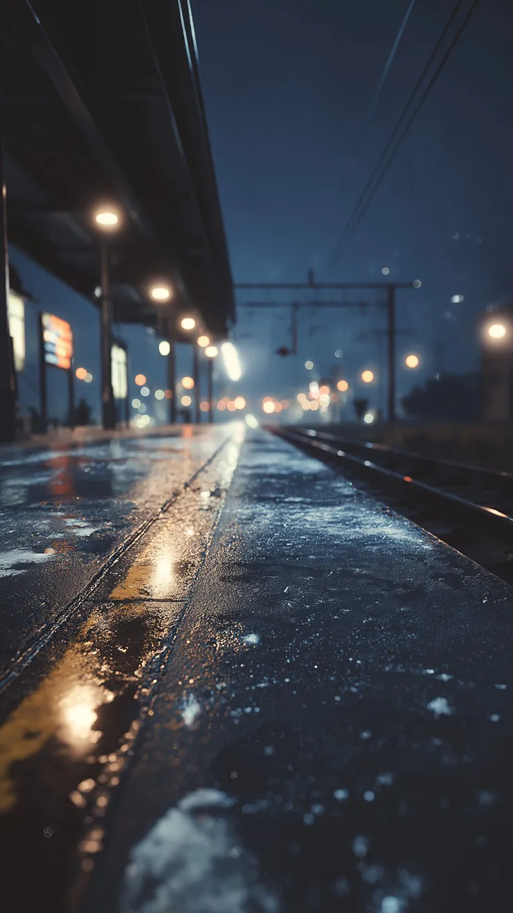 Rainy train station platform at night with blurred lights and reflections.