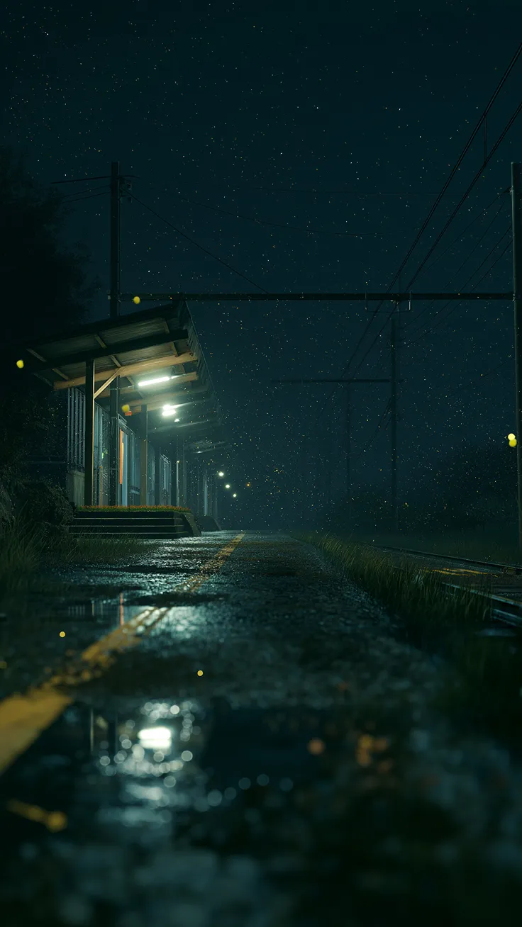 Quiet rural train station at night with glowing lights and firefly-like particles.