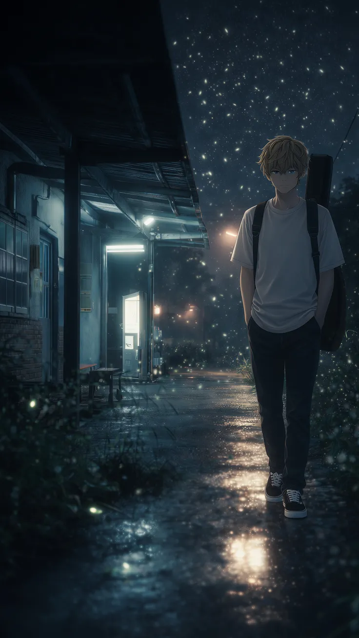 Young man walking alone at night through a quiet train station with glowing particles.