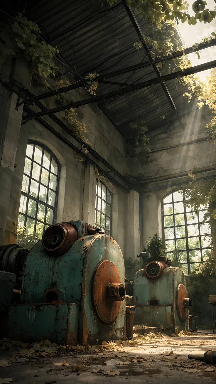Abandoned factory interior with large rusted machines, broken roof, and sunlight illuminating dust and plants