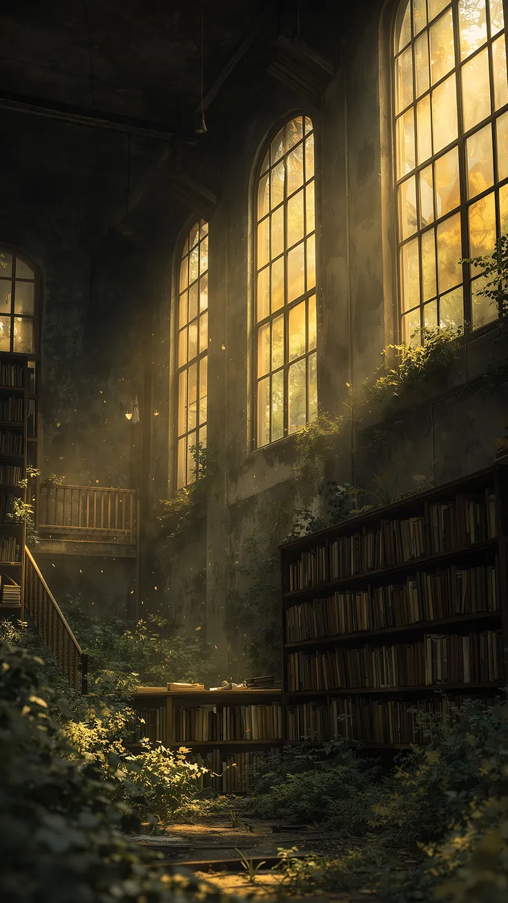 Abandoned library with bookshelves overgrown by plants and warm sunlight streaming through tall windows
