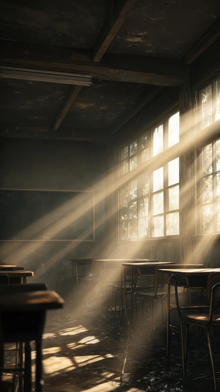 Abandoned classroom with empty desks and sunlight streaming through windows, creating a calm and nostalgic atmosphere