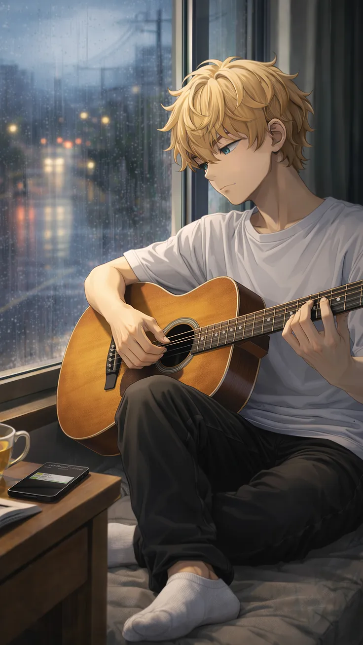 Illustrated character sheet of Lio Aoyama, a gentle young man holding a coffee and guitar case, presented with personality traits and background details.