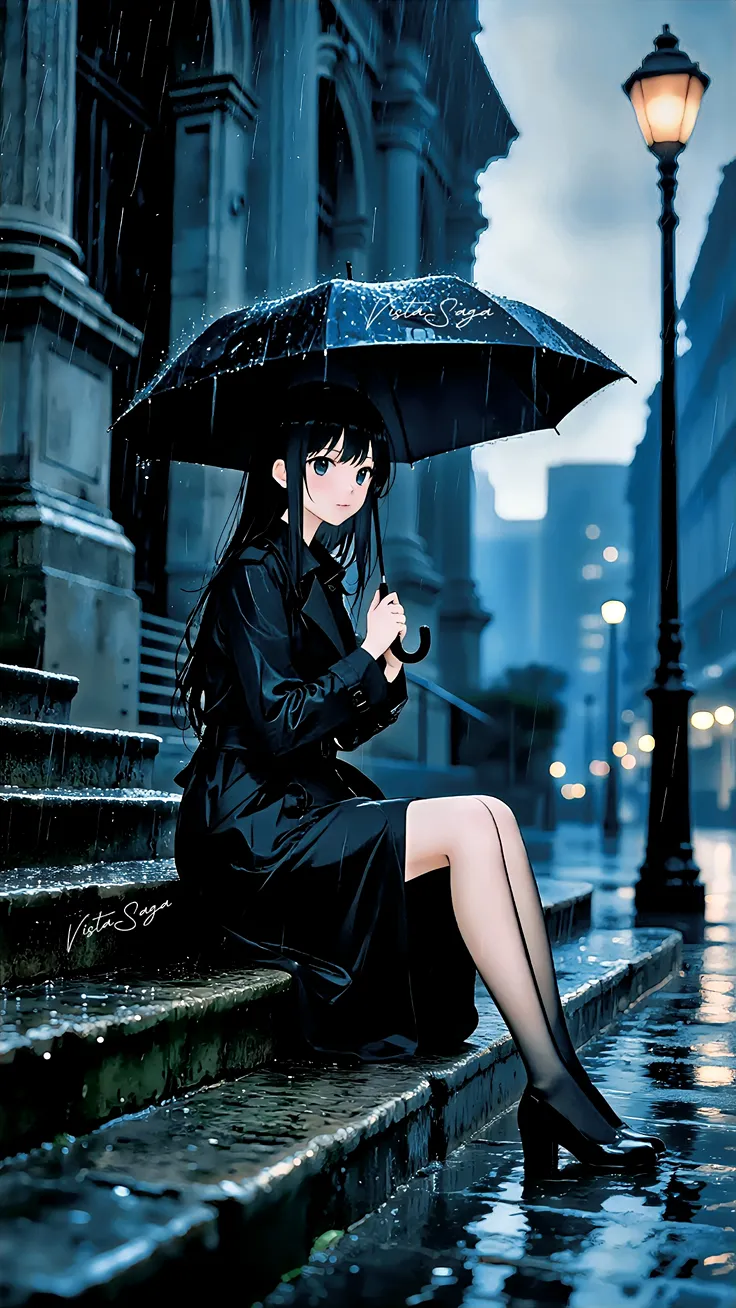Rainy Night Solitude: AI Anime Girl in the City Lights 🌃