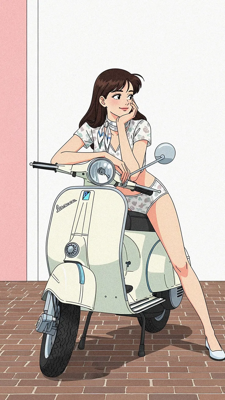 Retro Vespa Girl Soft Pastel Summer Vibes