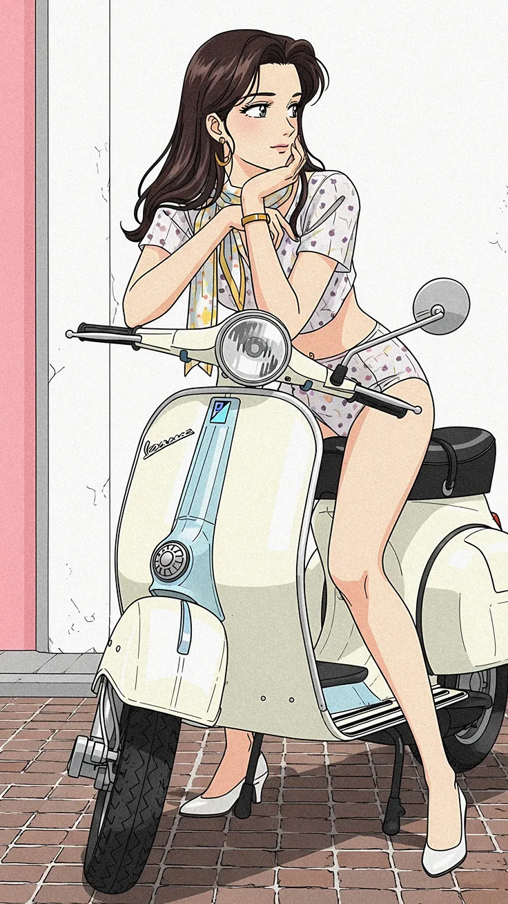 Retro Vespa Girl Soft Pastel Summer Vibes