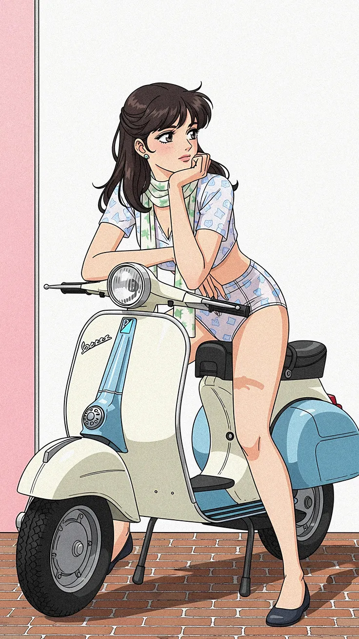 Retro Vespa Girl Soft Pastel Summer Vibes