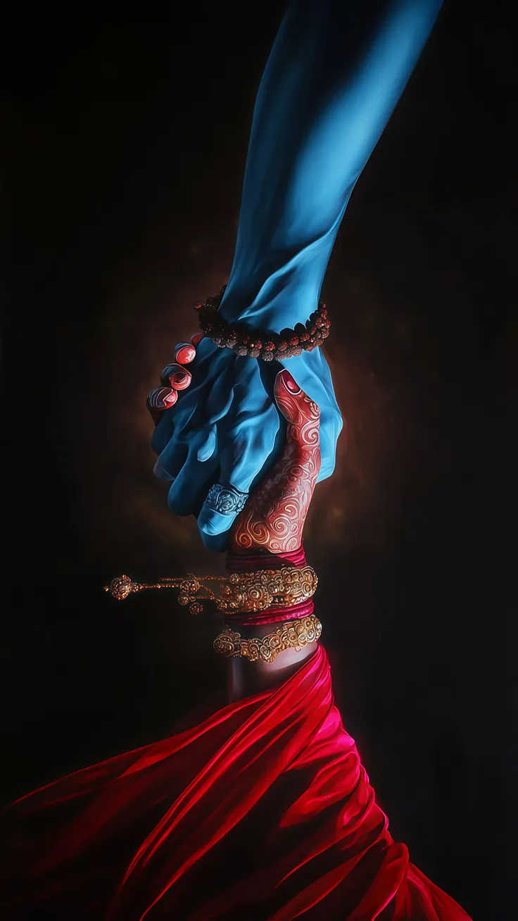 Radha Krishna Divine Love 4K Wallpaper Blue Krishna Hand Holding Mehndi Foot Aesthetic Art