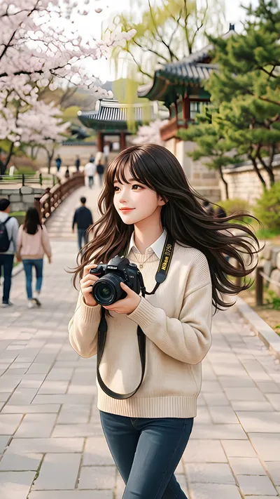 A Korean anime girl walking through a cherry blossom garden capturing moments