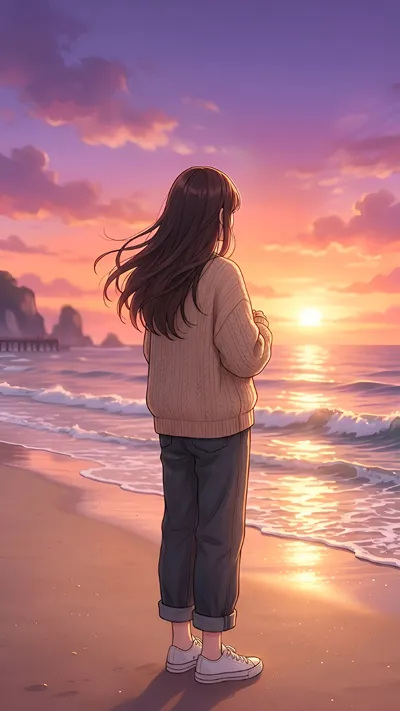 Lost in the Ocean Breeze Alone With the Sea Korean Anime Girl by the Ocean