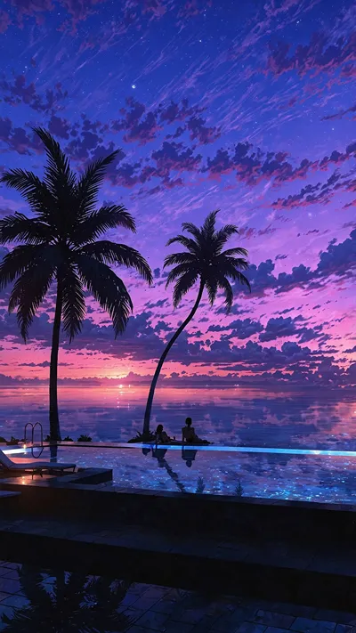 Twilight Reflections Under Endless Violet Skies 🌴🌌✨ . . . . 4k Wallpapers 