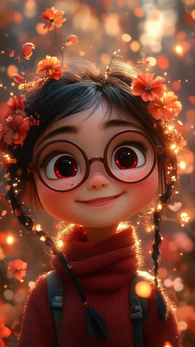 Autumn Blossom Girl with Flower Crown and Crimson Eyes in Golden Light