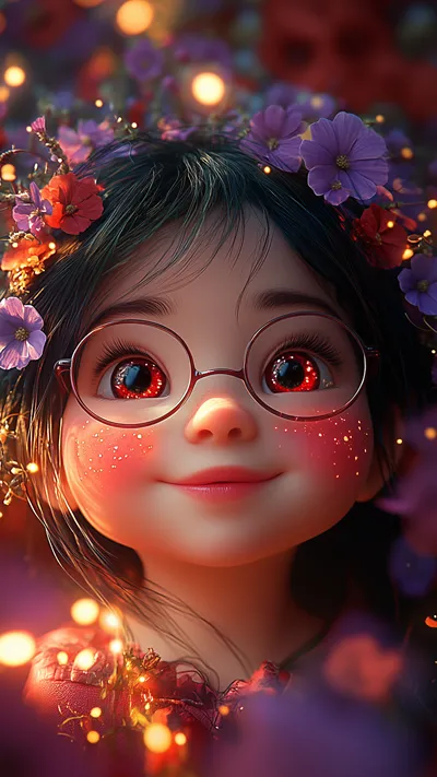 Cute chibi girl with dark hair, flower crown, round glasses, sparkling red eyes, and freckled cheeks, smiling gently amid glowing purple and red blossoms.