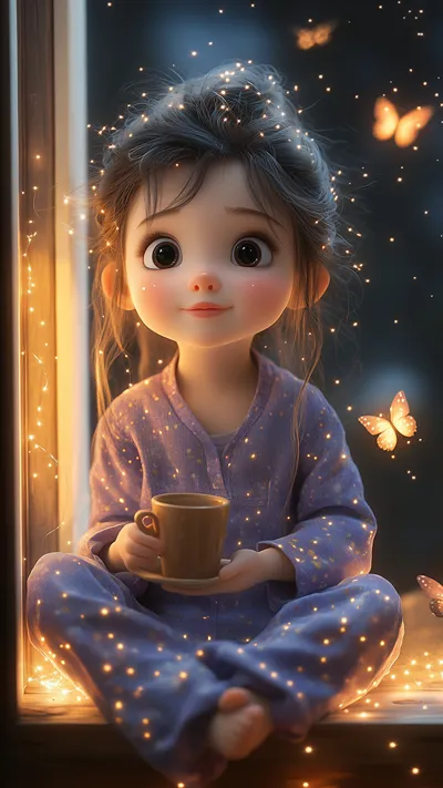 Cute chibi girl in starry purple pajamas, sitting on a windowsill with a warm cup, surrounded by glowing fireflies and fairy lights at night.
