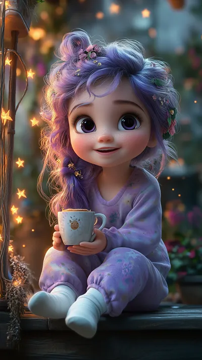 Cute chibi girl with flowing lavender hair adorned with flowers, wearing cozy purple pajamas, sitting with a warm cup amid twinkling fairy lights and greenery.