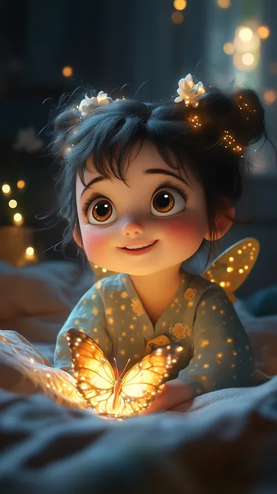 Cute chibi fairy girl with dark hair in buns, glowing wings, and floral pajamas, gently holding a luminous golden butterfly in a cozy, dimly lit room.