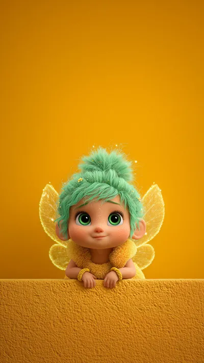 Cute chibi fairy with fluffy mint-green hair, glowing wings, and yellow fuzzy outfit, peeking over a ledge with big green eyes against an orange background.