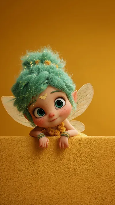 Cute chibi fairy with fluffy mint-green hair, tiny yellow flowers, translucent wings, and yellow fuzzy top, peeking curiously over a ledge against an orange background.