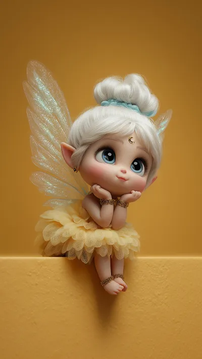 Cute chibi fairy with white hair in a bun, crescent moon mark, translucent wings, and yellow tutu, sitting thoughtfully on a ledge against an orange background.