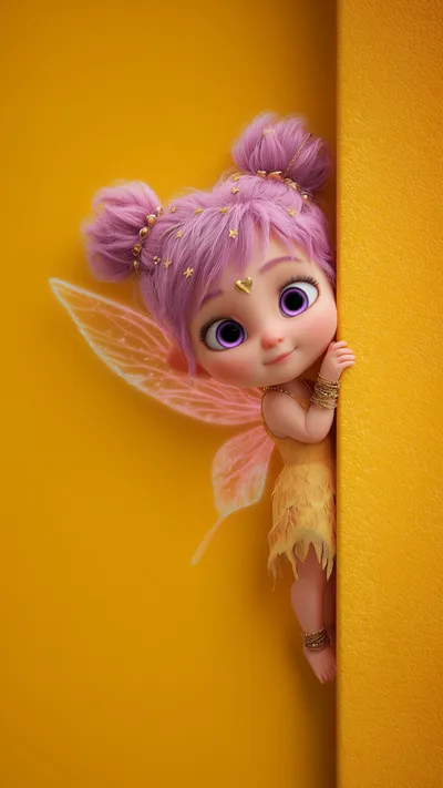 Cute chibi fairy with fluffy pink-purple hair, star accessories, translucent wings, and yellow fringed dress, shyly peeking from behind a wall against an orange background.