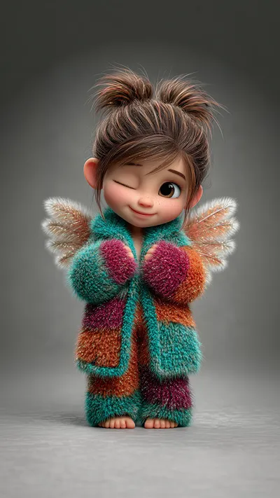 Cute chibi fairy girl with brown pigtails, freckles, feathery wings, and colorful fuzzy striped coat, winking playfully while hugging herself.