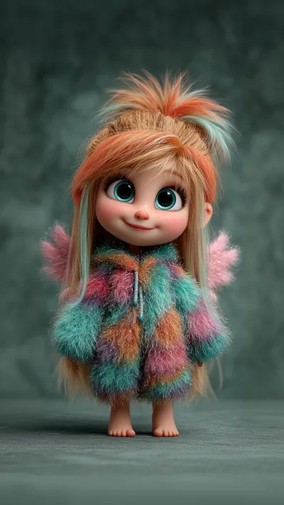Cute chibi fairy girl with multicolored fluffy hair, big blue eyes, freckles, pink feathery wings, and rainbow fuzzy hooded coat, smiling sweetly against a gray background.