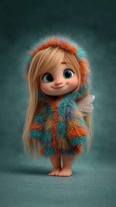 Cute chibi girl with long blonde hair, big blue eyes, freckles, small feather wing, and colorful fuzzy hooded coat, smiling gently against a teal background.