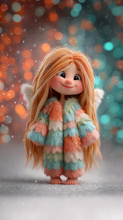Cute chibi fairy girl with long orange hair, small white wings, and colorful fuzzy coat, smiling happily amid falling snow and bokeh lights.