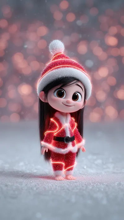Cute baby girl with long black hair, wearing a glowing red Santa outfit and hat, smiling sweetly amid snowy bokeh lights.
