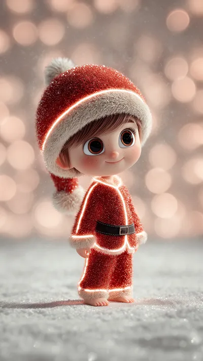 Cute chibi boy with short brown hair, wearing a glowing red Santa outfit and hat, smiling gently amid snowy bokeh lights.