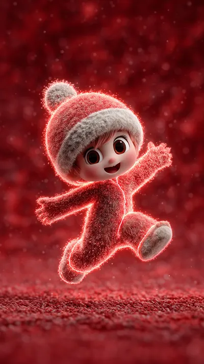 Cute chibi character in glowing red fuzzy Santa outfit and hat, joyfully jumping with arms raised against a festive red snowy background.