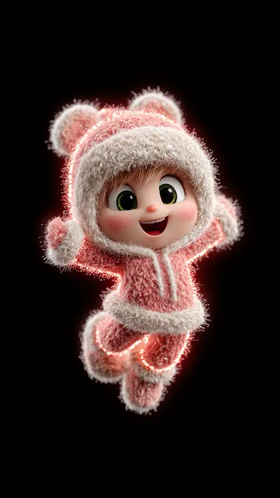 Cute chibi character in glowing pink fuzzy winter onesie with bear-eared hood, joyfully jumping with arms raised against a black background.