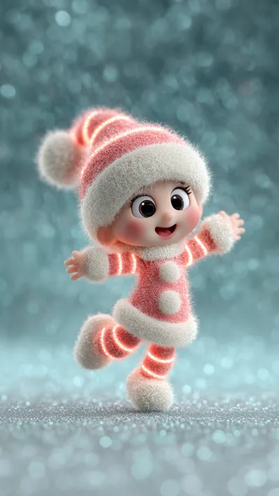 Cute chibi elf girl in glowing pink fuzzy Santa outfit and striped hat, joyfully jumping with arms outstretched against a snowy teal bokeh background.