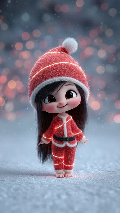 Cute chibi girl with long black hair, wearing a glowing red Santa outfit and pom-pom hat, smiling shyly amid snowy bokeh lights.