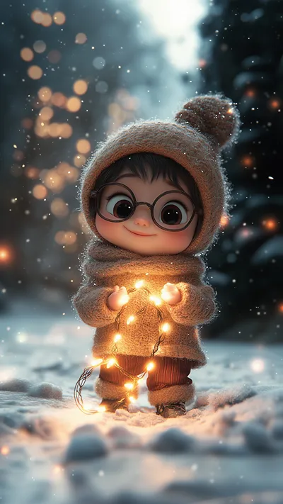 Cute chibi child with round glasses, wearing a cozy brown knit hat and scarf, holding glowing fairy lights in a snowy winter night scene with bokeh lights.