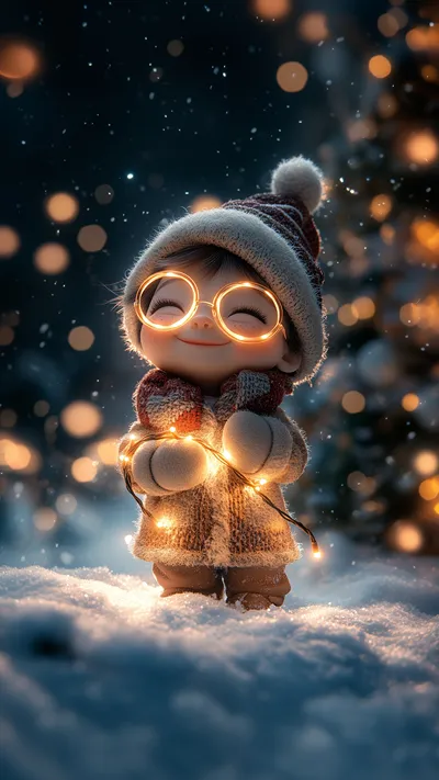 Cute chibi child with round glowing glasses, cozy winter knit hat and scarf, happily holding warm fairy lights in a snowy Christmas night scene with bokeh lights.