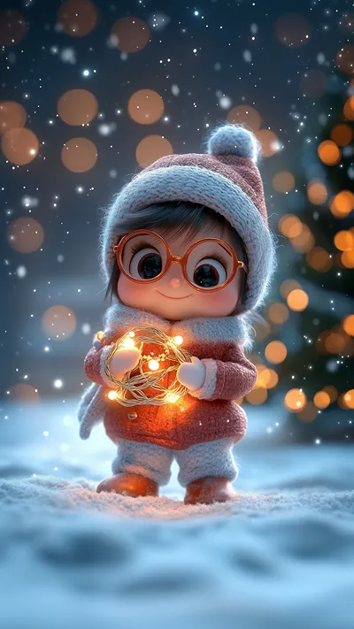 Cute chibi child with round glasses, wearing a cozy red winter outfit and pom-pom hat, holding glowing fairy lights in a snowy Christmas night with bokeh lights.