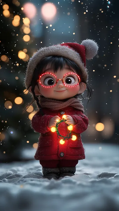 Cute chibi girl with black hair, glowing red glasses, Santa hat, and red winter coat, holding warm fairy lights in a snowy Christmas night with bokeh lights.