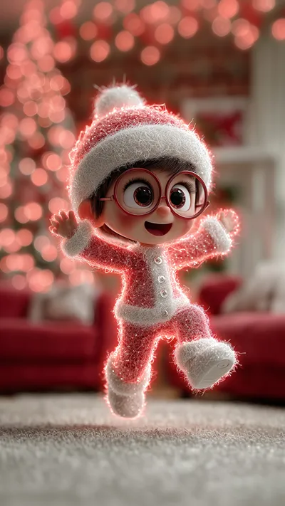 Cute chibi character with round glasses, wearing a glowing pink Santa outfit and hat, joyfully jumping in a festive living room with Christmas tree lights.