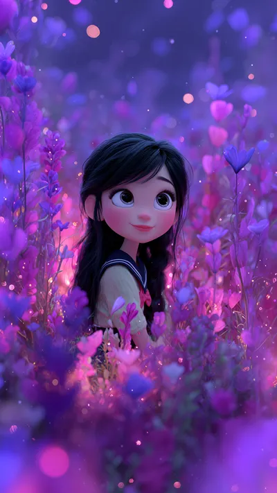 iPhone wallpaper, android wallpaper, Cute chibi girl with long dark hair and sailor-style outfit, sitting peacefully in a glowing purple flower field with magical bokeh lights.