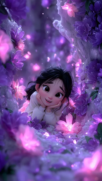 iPhone wallpapers, Android wallpapers, Cute chibi girl with dark hair and cozy sweater, smiling dreamily while lying in a magical glowing purple flower cave with sparkling lights.