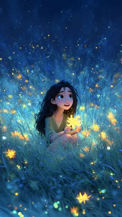 Cute chibi girl with long dark hair, wearing a green dress, sitting in a glowing blue night meadow surrounded by sparkling yellow flowers and magical bokeh lights.